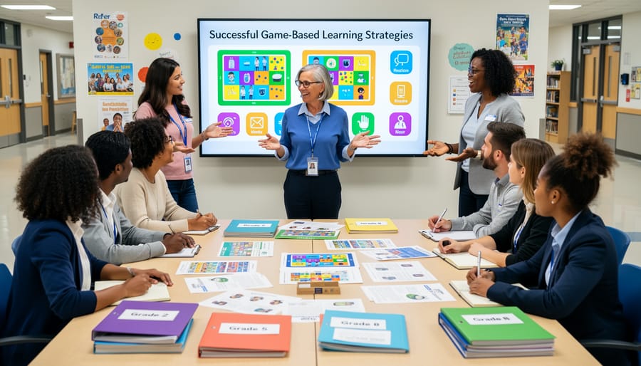 Three teachers collaborating and sharing classroom game materials at table