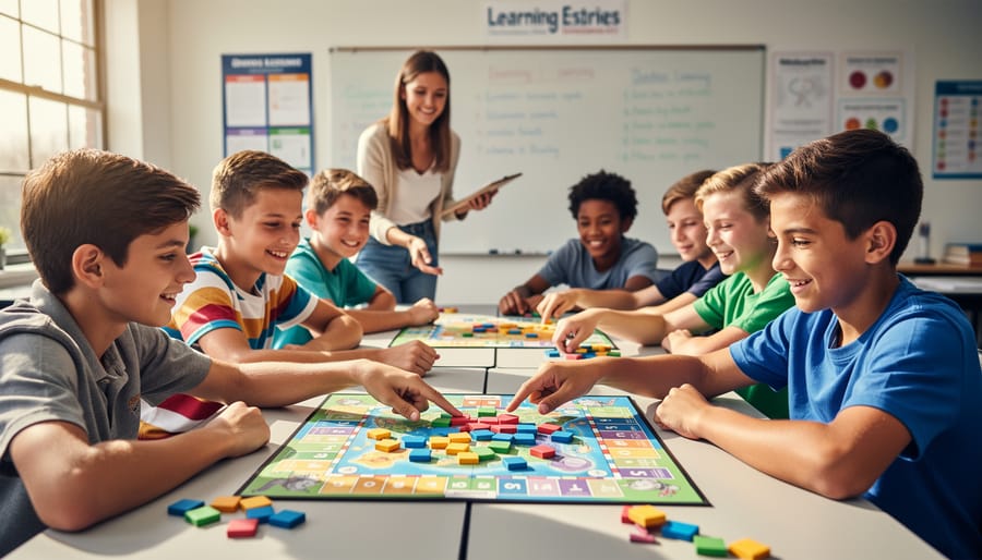 High school students working together and celebrating during team game challenge