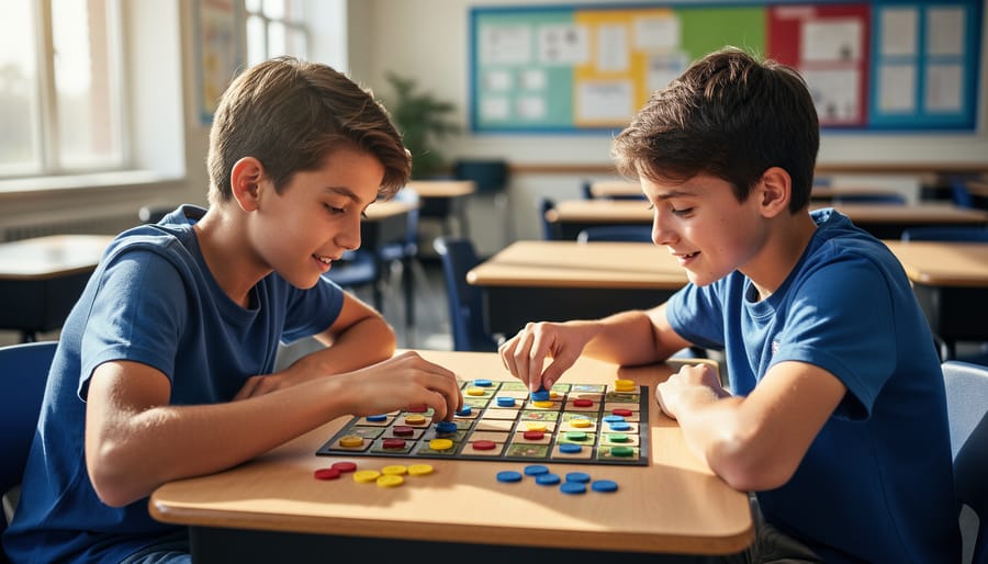 Two middle-school students sit across a classroom desk, concentrating as they move colorful tokens on a small strategy board, with a softly blurred classroom and daylight from windows behind them.