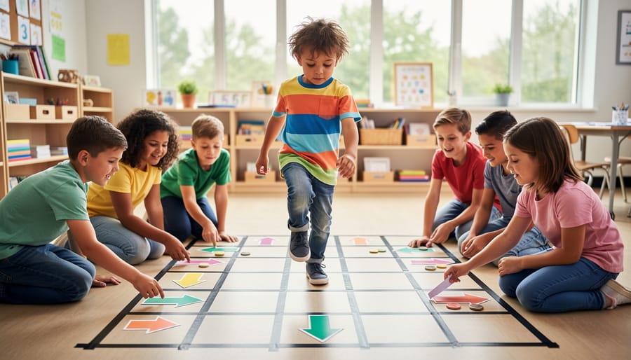 Elementary students direct a peer across a taped floor grid with colorful arrow cards while a teacher observes in a bright classroom, with shelves and windows softly blurred and no visible text.