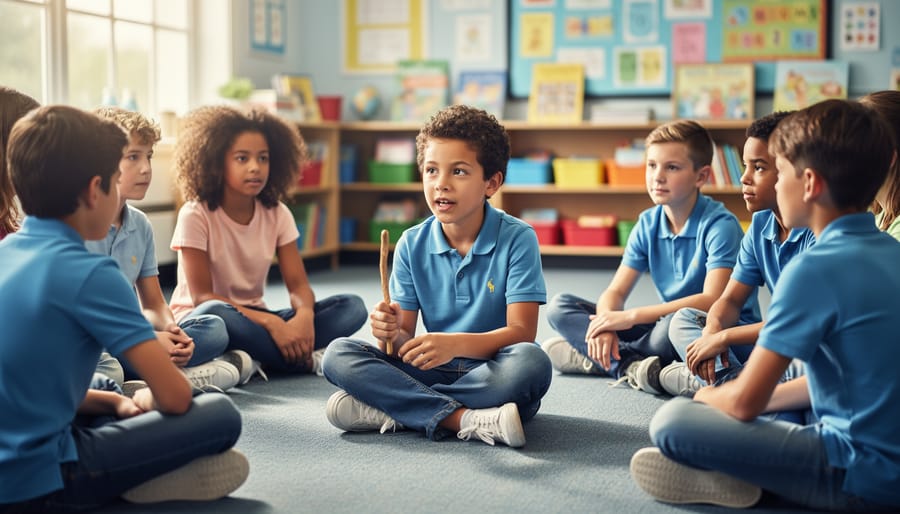 “A diverse group of students in a classroom circle using a talking stick to practice respectful listening during conflict resolution.”