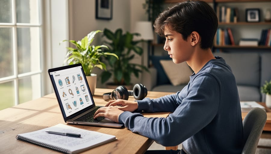 Elementary student using a laptop for an educational activity at a desk with headphones