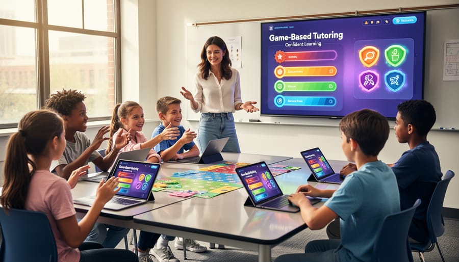 Tutor and student interacting with a laptop-based learning activity during a tutoring session.