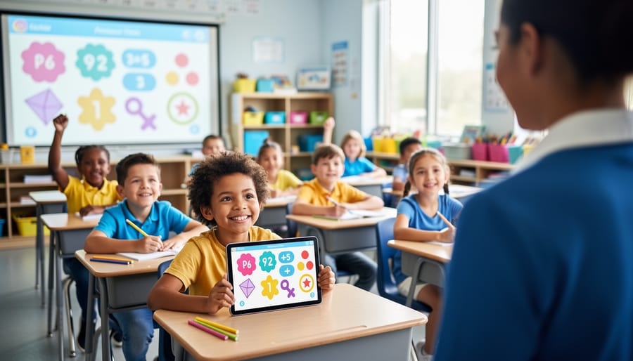 “Students and a teacher in a bright classroom using tablet-based learning visuals during a game-style review session.”