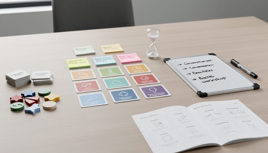 Role-play cards and conflict-resolution activity materials on a classroom table