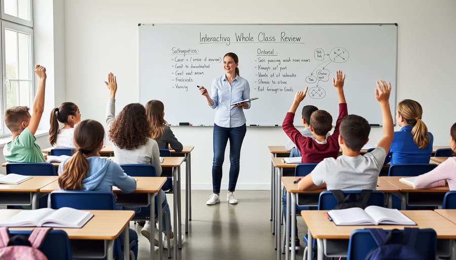Teacher leading an excited group of students during an interactive classroom review
