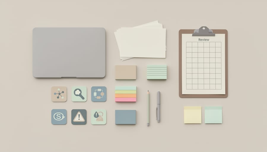 Teacher’s organized desk with laptop and colorful printed materials for preparing classroom activities
