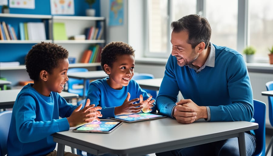“Tutor and students collaborating at a table while using tablets for game-based learning, with supportive body language and bright screen glow.”