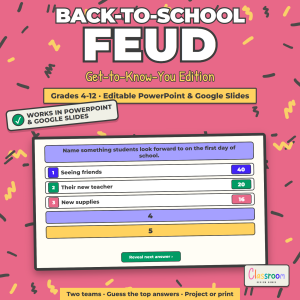 Back to School Feud Game Show, Editable Get to Know You Team Game 4-12