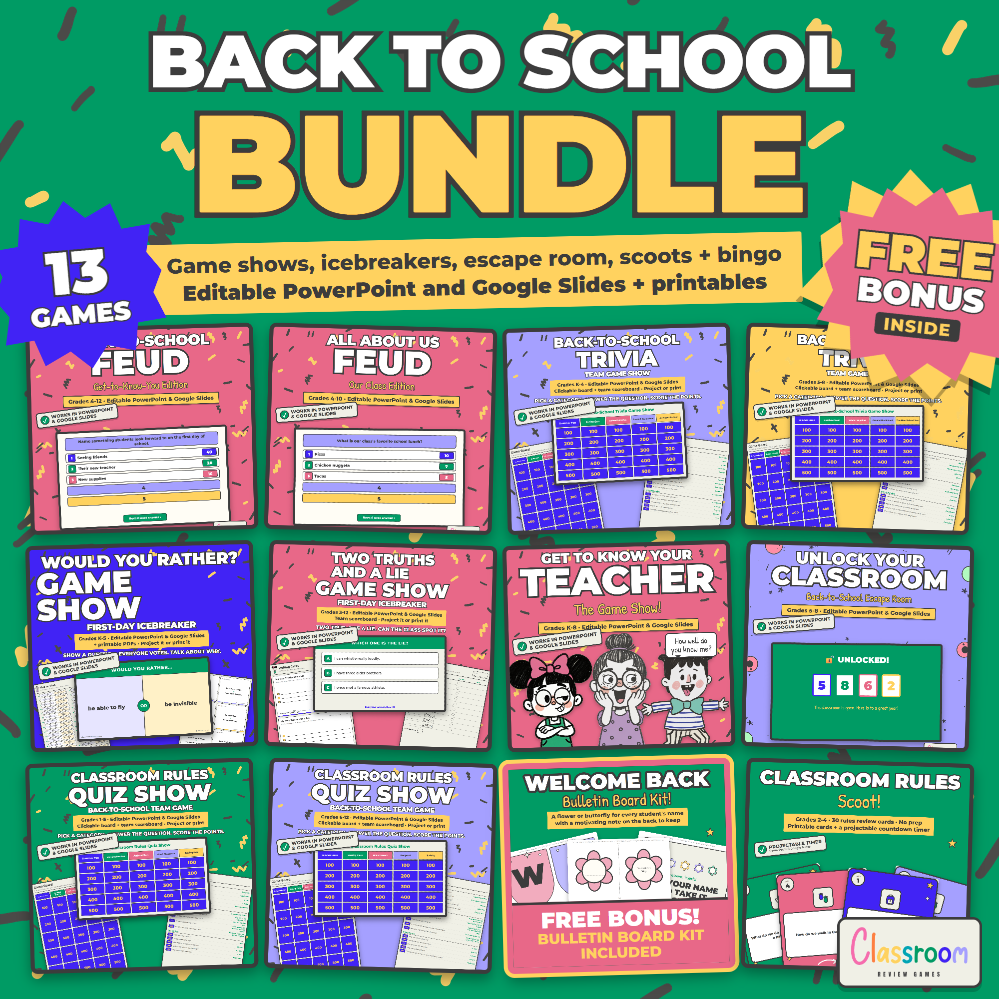 Back to School Games Bundle: 13 Icebreaker Games + FREE Bulletin Board Kit