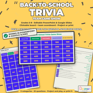 Back to School Trivia Game Show 5-8, Editable PowerPoint and Google Slides