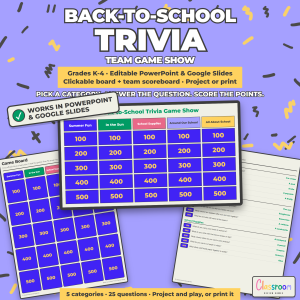 Back to School Trivia Game Show K-4, Editable PowerPoint and Google Slides