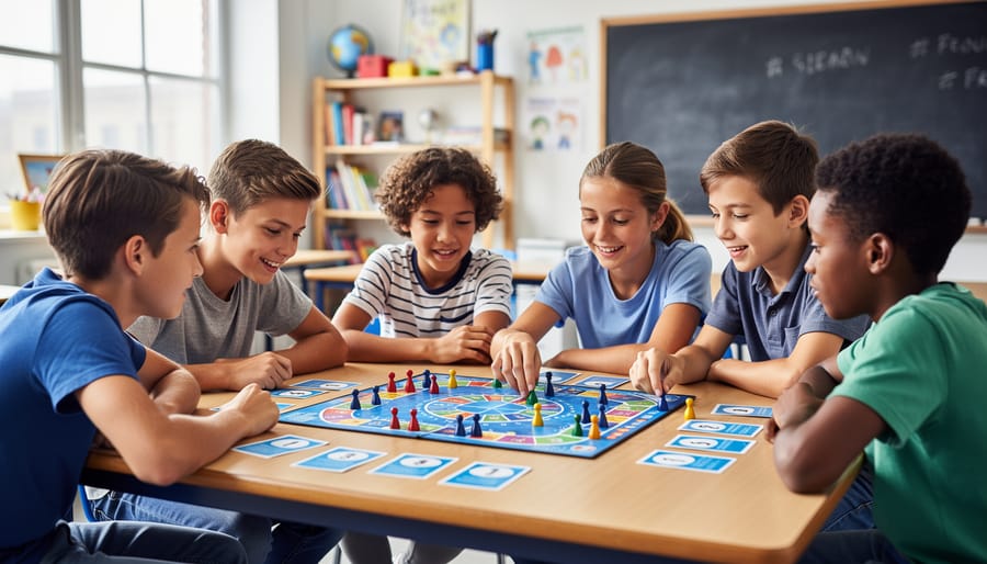 Students playing an educational game at a classroom table with colorful game pieces and learning materials.