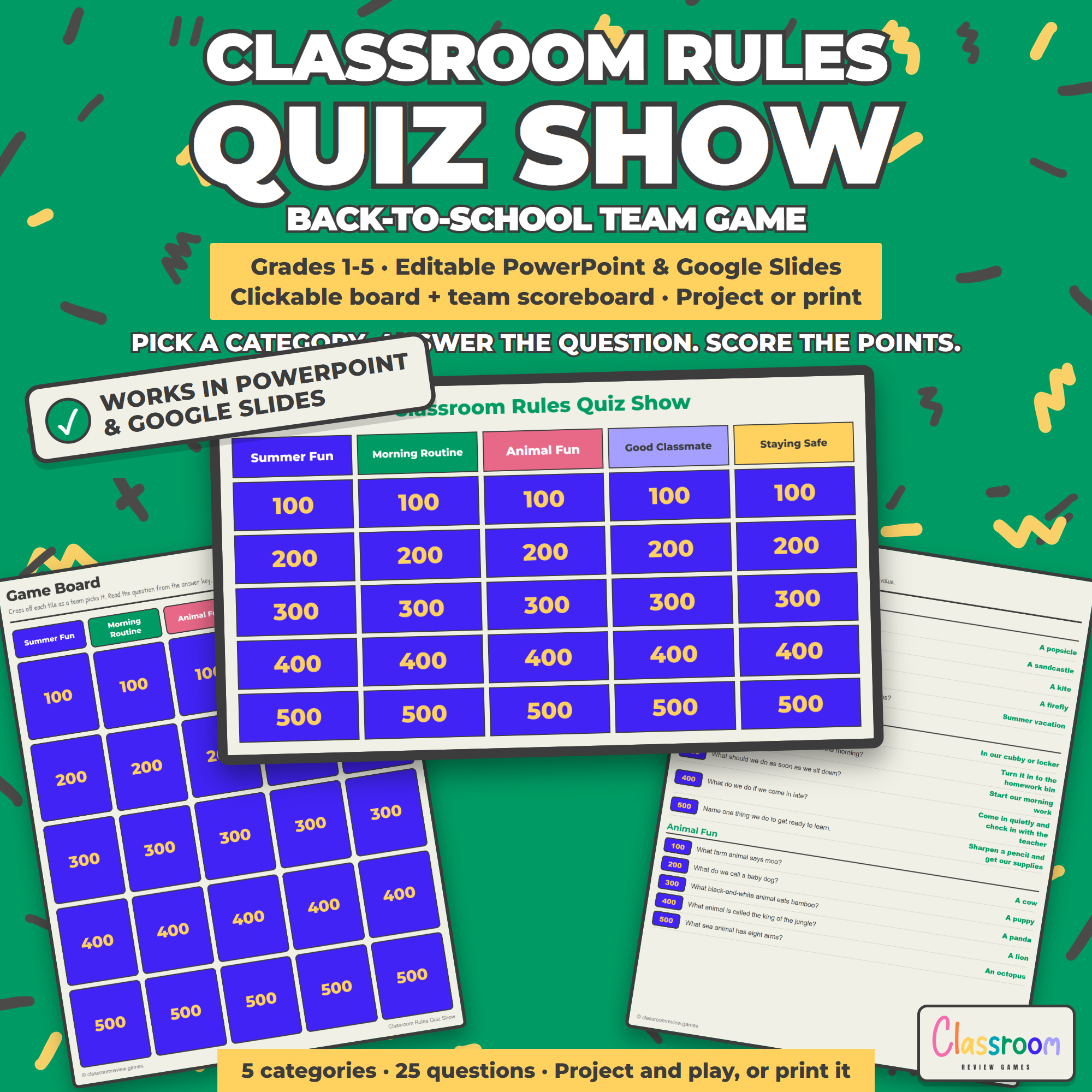 Classroom Rules and Procedures Quiz Game Show 1-5, Editable PowerPoint and Google Slides