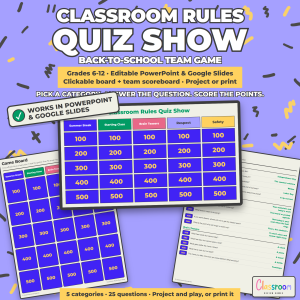 Classroom Rules and Procedures Quiz Game Show 6-12, Editable PowerPoint and Google Slides