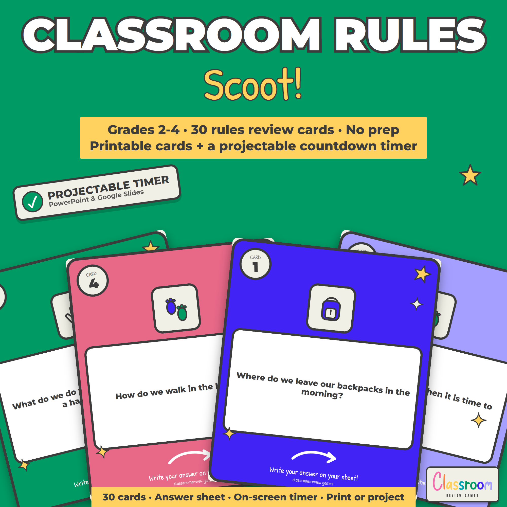 Classroom Rules Scoot: Back to School Procedures Task Cards + Timer, Grades 2-4