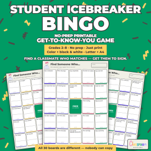Student Icebreaker Bingo, 30 printable Find Someone Who boards