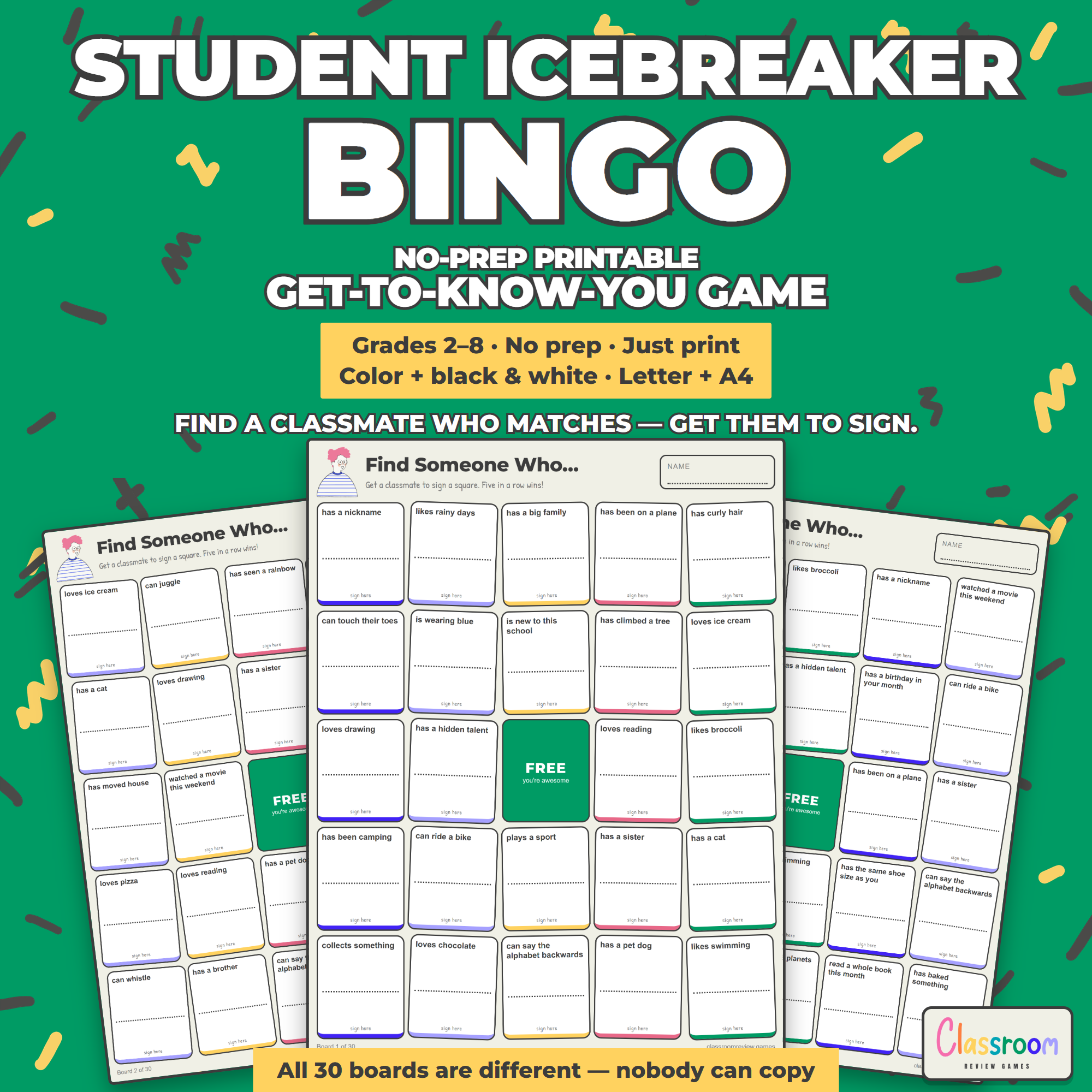 Student Icebreaker Bingo, 30 printable Find Someone Who boards