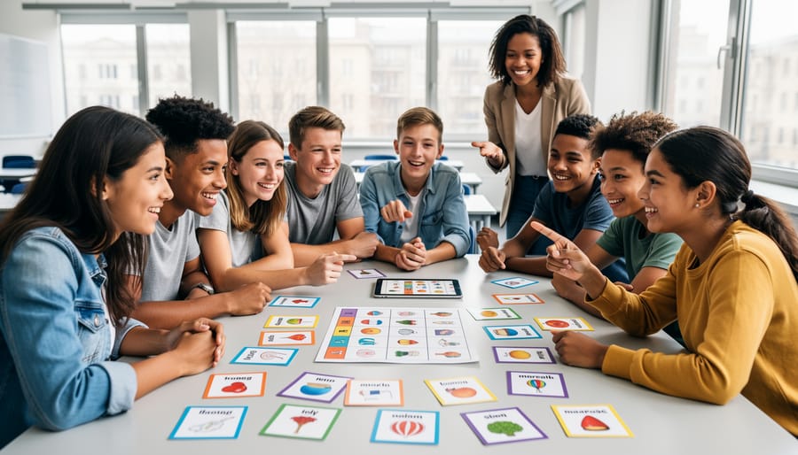 Diverse students working together on a classroom review game with picture cues on a table