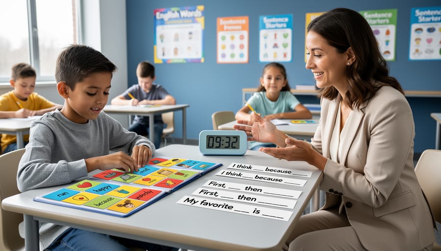 Student using visual word bank cards and sentence frame strips during a classroom review game while a teacher supports nearby.