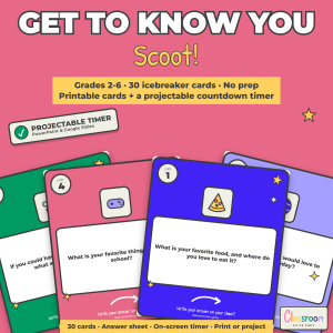 Back to School Scoot: Get to Know You Icebreaker Task Cards + Timer, Grades 2-6