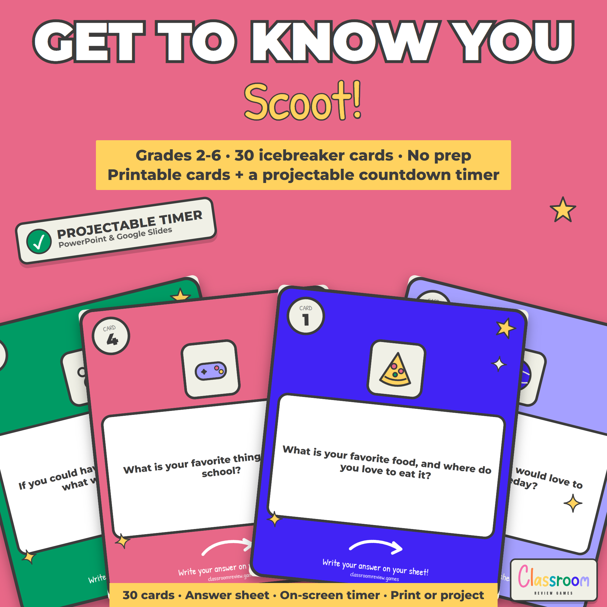 Back to School Scoot: Get to Know You Icebreaker Task Cards + Timer, Grades 2-6