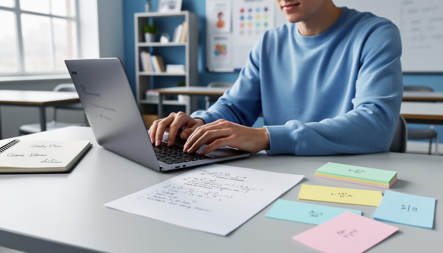 “Student creating a study game on a laptop with study notes and flashcards on the desk”