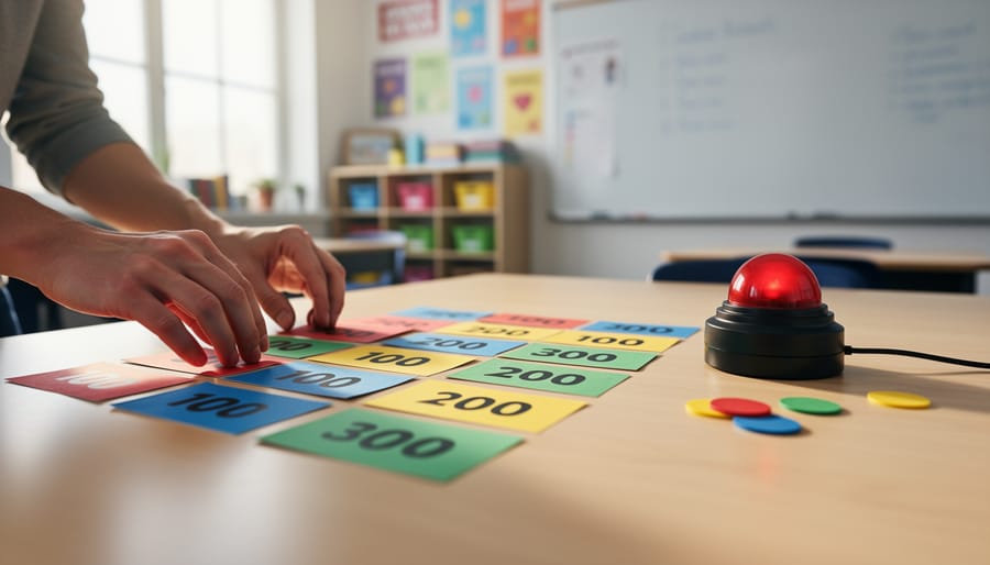 Teacher’s hands arranging colorful Jeopardy-style review question cards on a classroom table with a buzzer nearby.