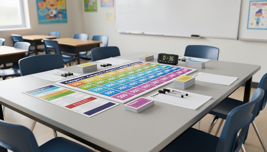 Jeopardy-style classroom review game board and question cards laid out on a table with a timer and pencils