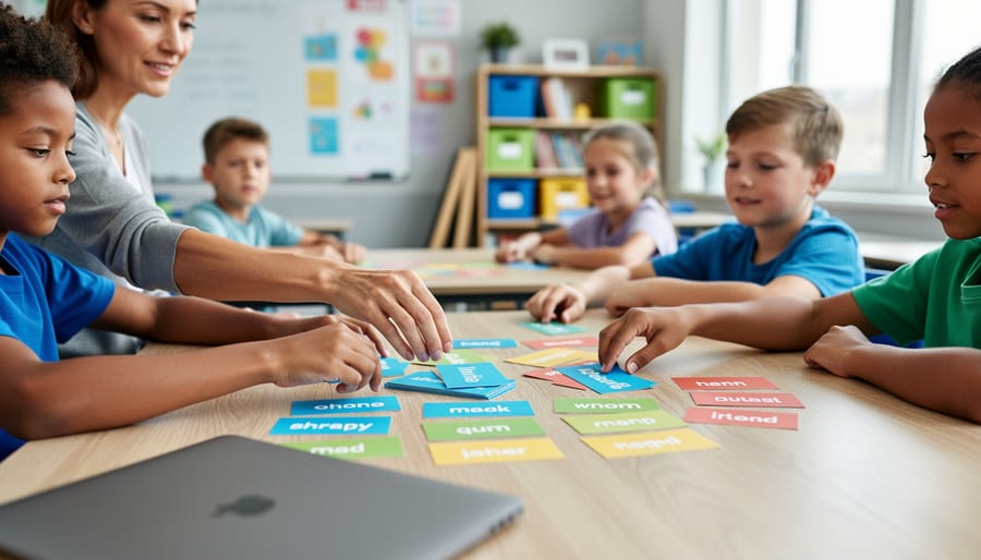 Teacher and diverse students collaborating at desks with multilingual vocabulary word cards during a classroom review activity.