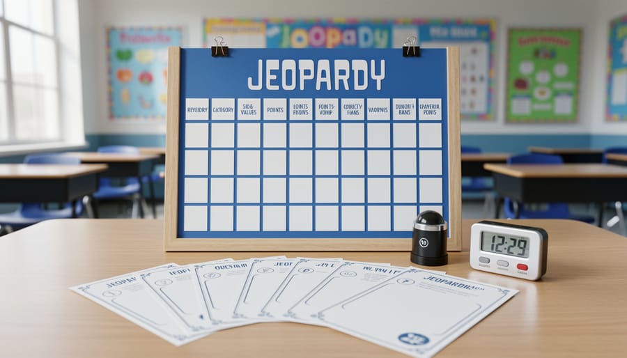 A Jeopardy-style classroom review game board and question cards laid out on a table with a timer and buzzer nearby.