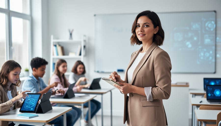 Teacher in a modern classroom holding a notebook while students use tablets in the background for feedback-based learning.