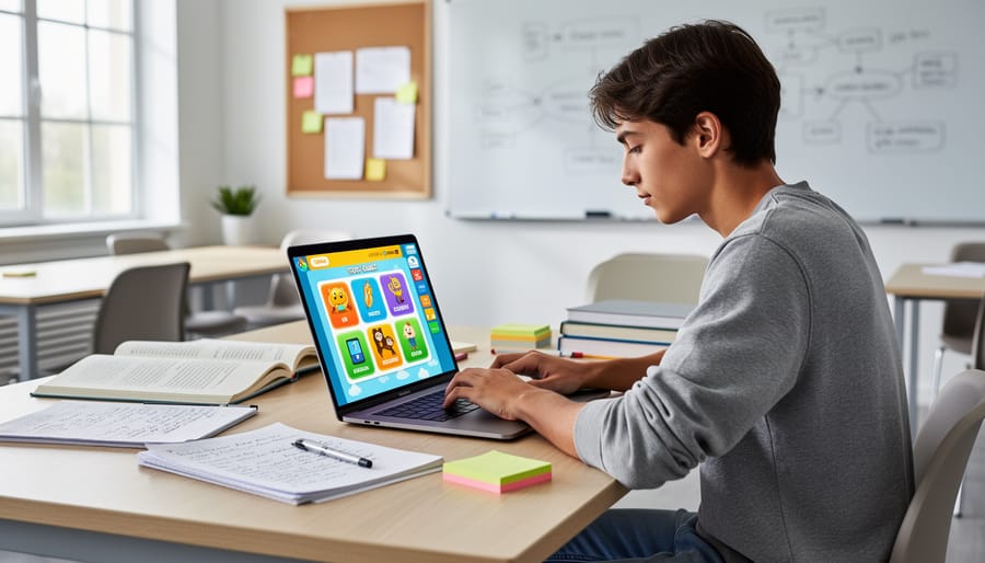 Student studying at a desk with a laptop, smartphone, notebook, and flashcards ready to create a learning game