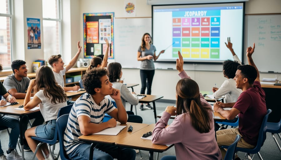 Student writing an answer while using flashcards and a buzzer-style game button in a classroom