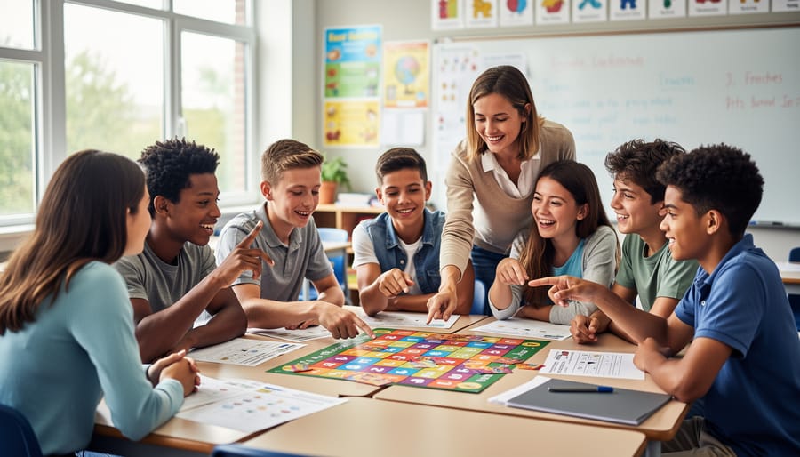 Students collaborating and engaging with educational game materials in a classroom.