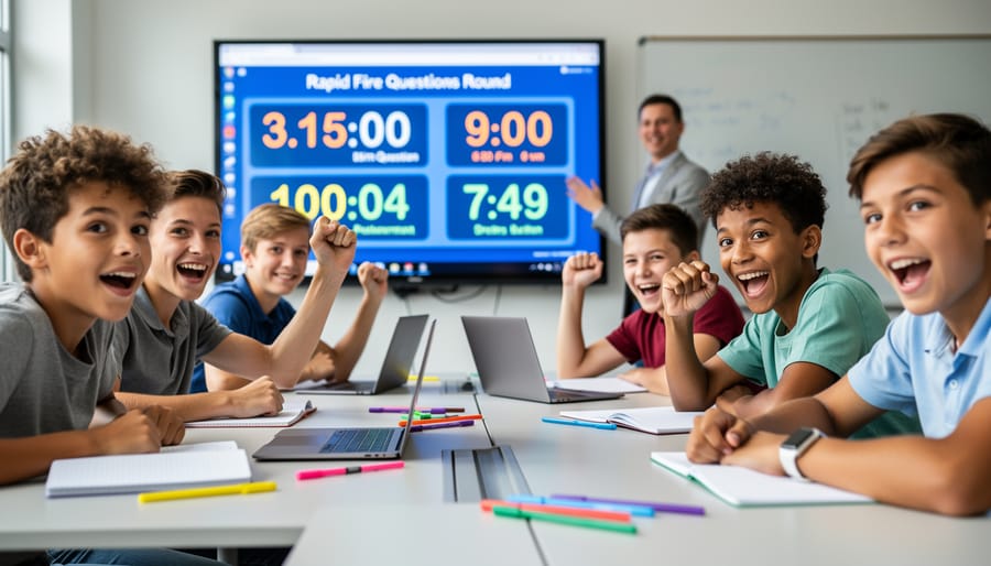 Students gathered around a review game, holding question cards and looking engaged in a classroom