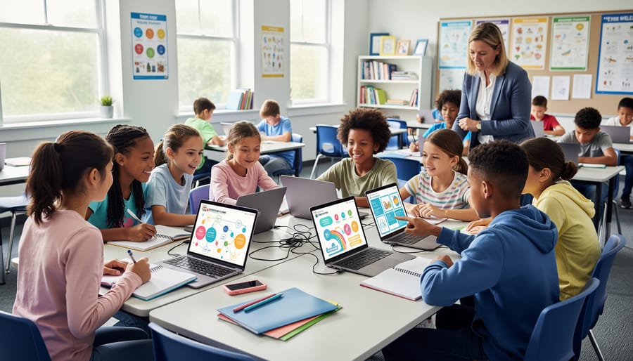 Students working at computers in a school computer lab in a focused collaborative environment