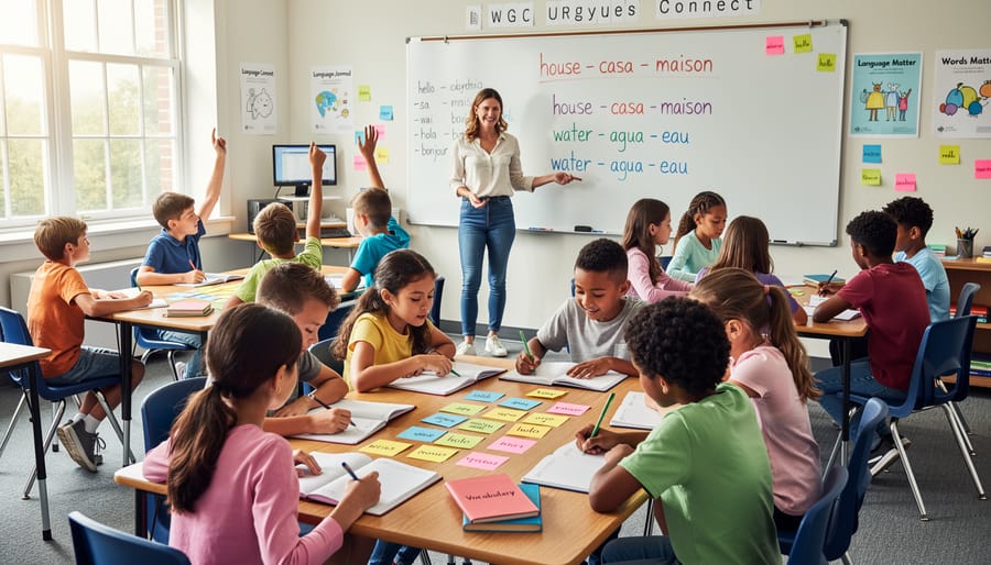 Teacher and diverse students working together at desks with multilingual learning materials