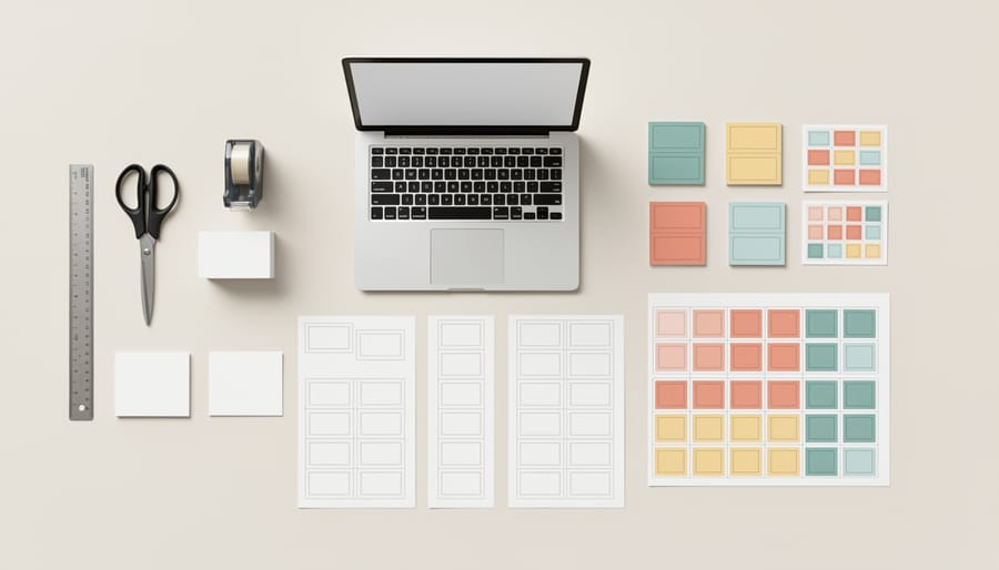 Teacher desk with stacked printable game cards and answer sheets organized for a classroom review activity