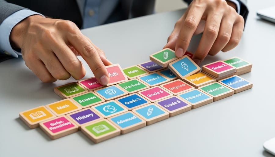 Teacher hands arranging game pieces with mixed subject learning materials on a classroom table