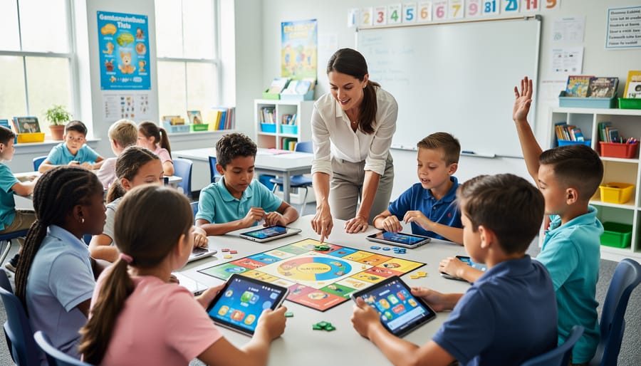 Teacher observing students during an educational game activity in a classroom setting.