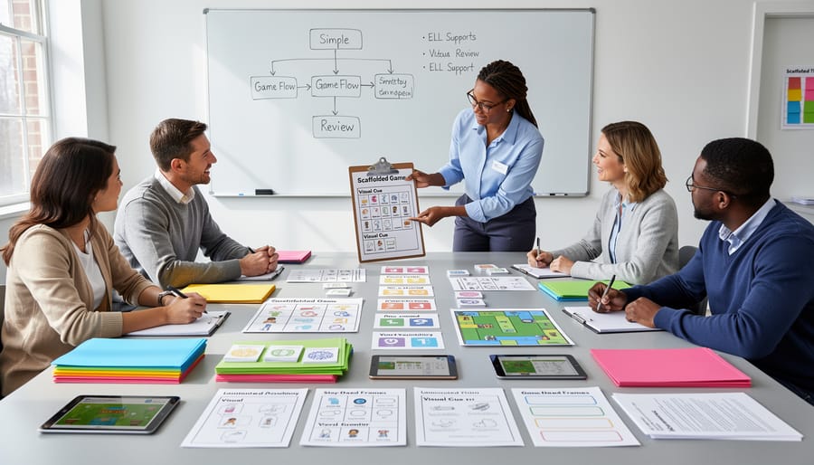 Teacher’s hands arranging blank sentence frames and multilingual word cards on a desk