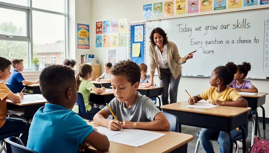 Diverse students role-playing workplace communication skills at a classroom table while a teacher watches
