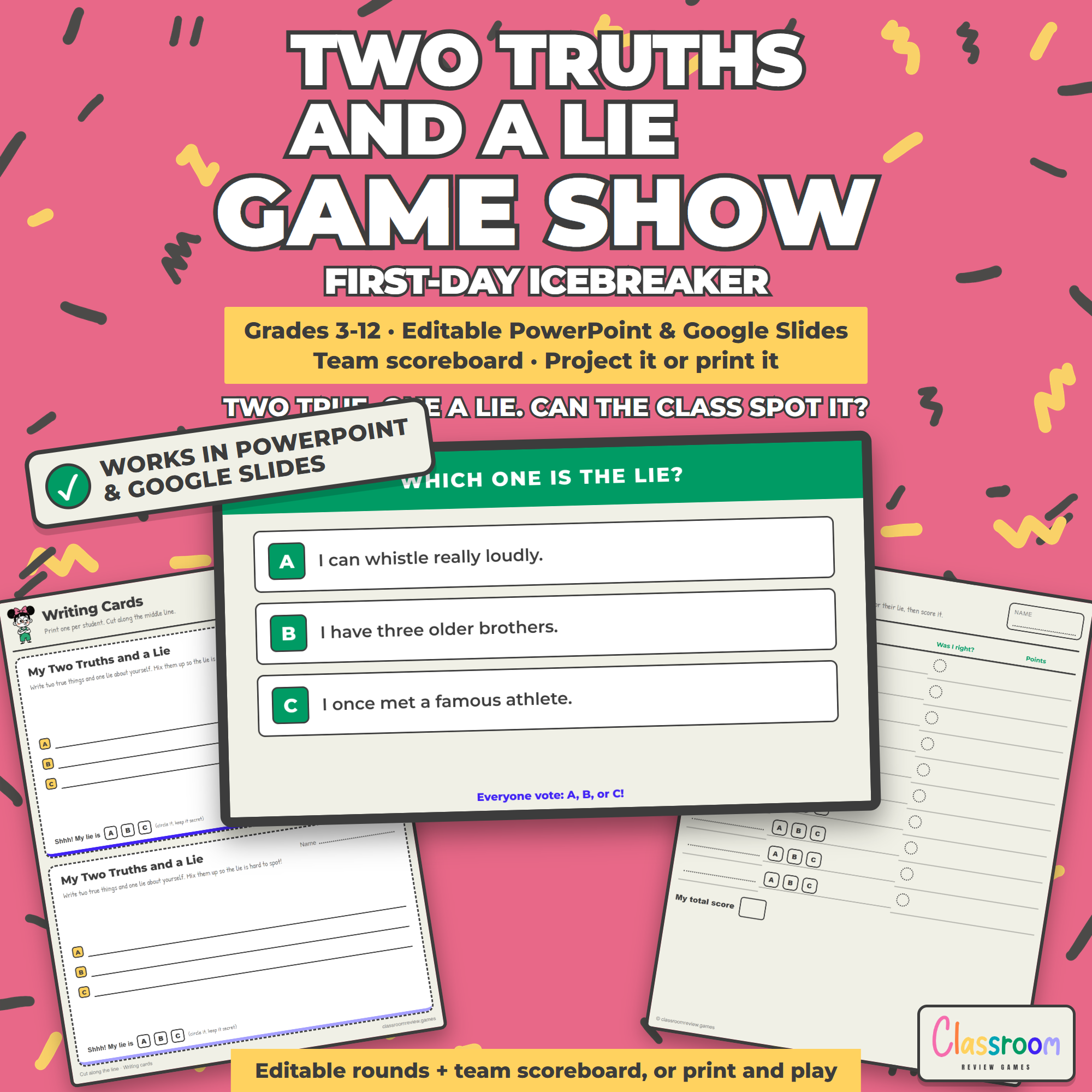Two Truths and a Lie Game Show: Editable Back to School Icebreaker 3-12