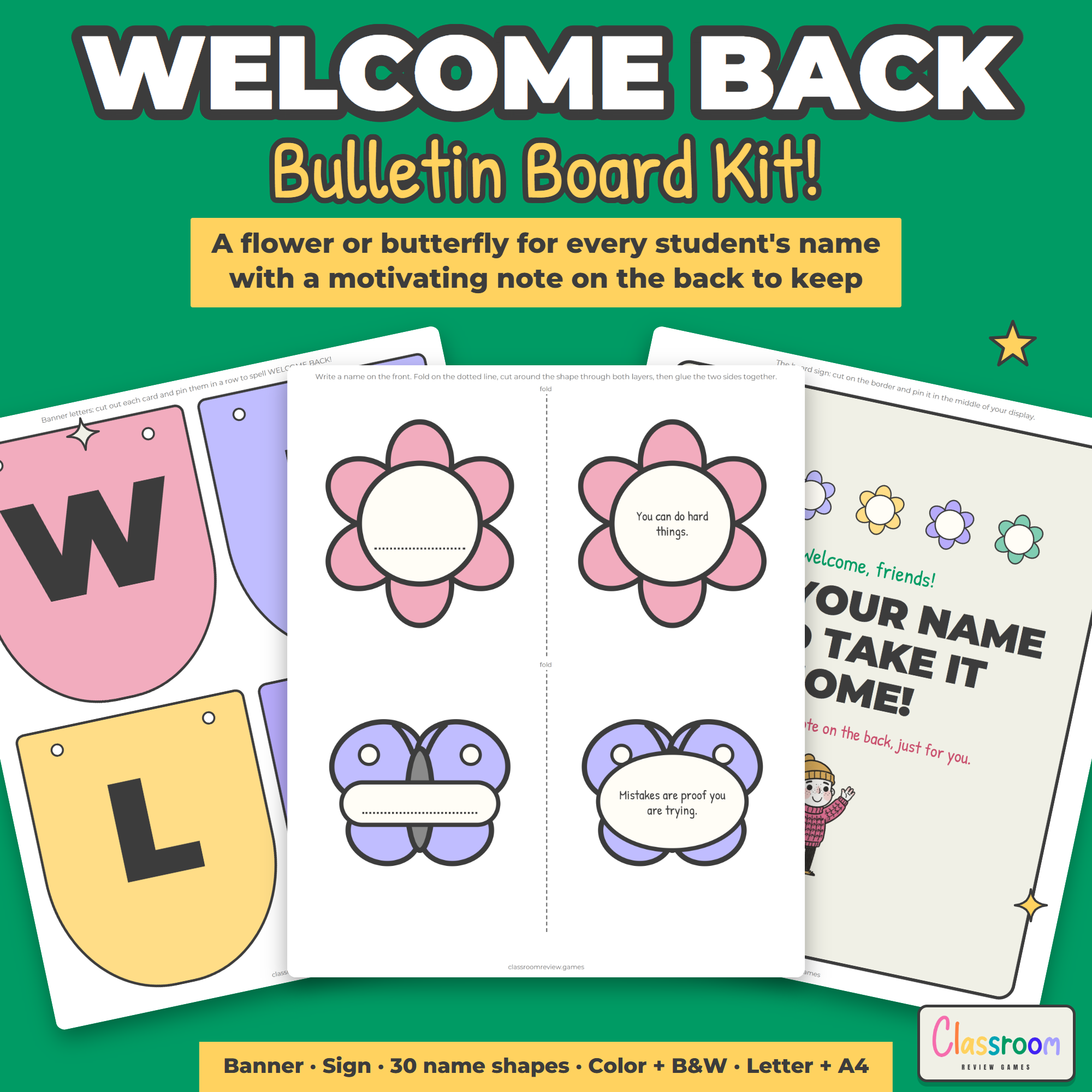 Welcome Back Bulletin Board Kit: Name Flowers and Butterflies with Notes to Keep, PreK-5