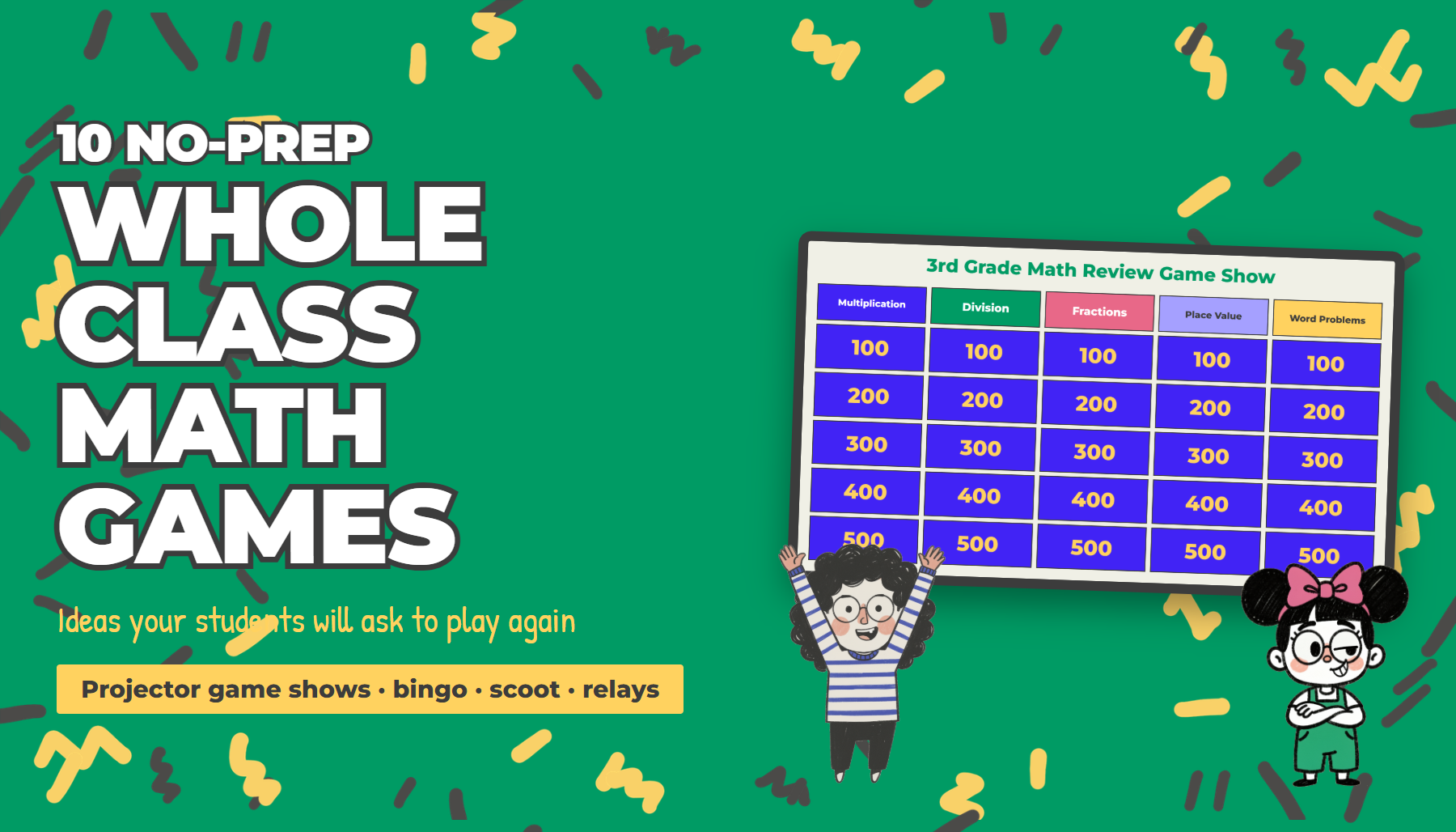 Whole class math games, a jeopardy style math game board on a green background with two cartoon students