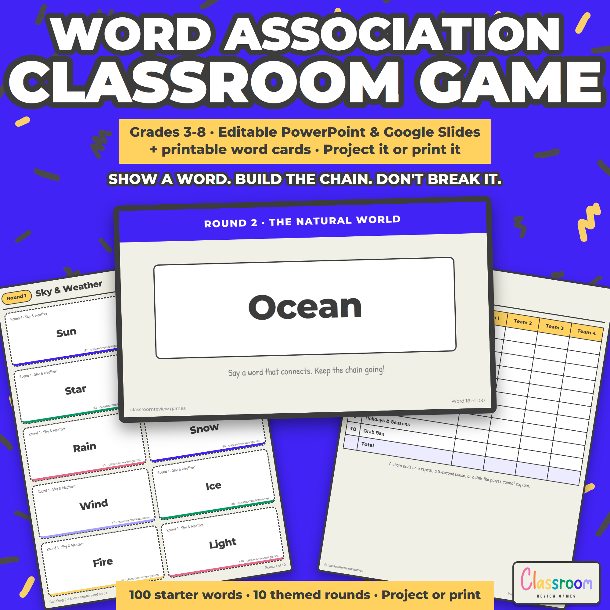 Word Association Game | 100 Word Vocabulary Chain, PowerPoint + Printable 3-8