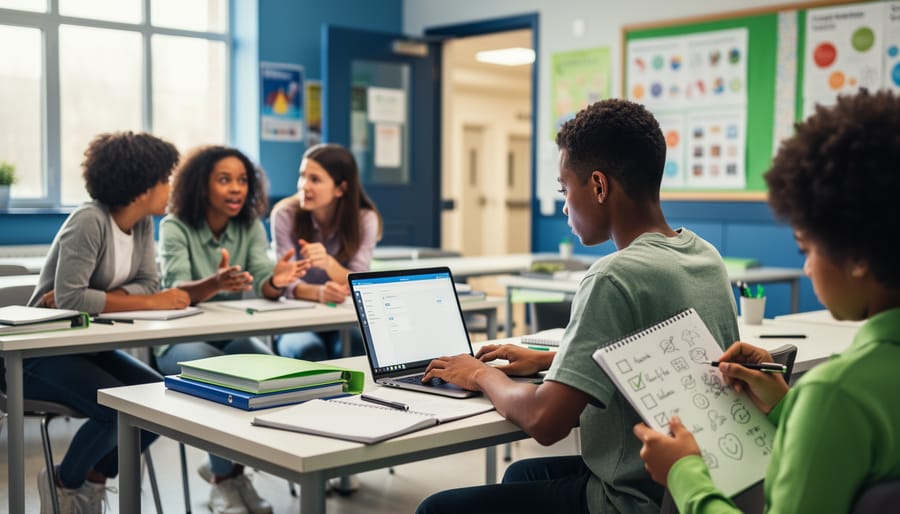 Students collaborating and practicing workplace readiness skills in a classroom, with one student typing on a laptop and others discussing and taking notes.