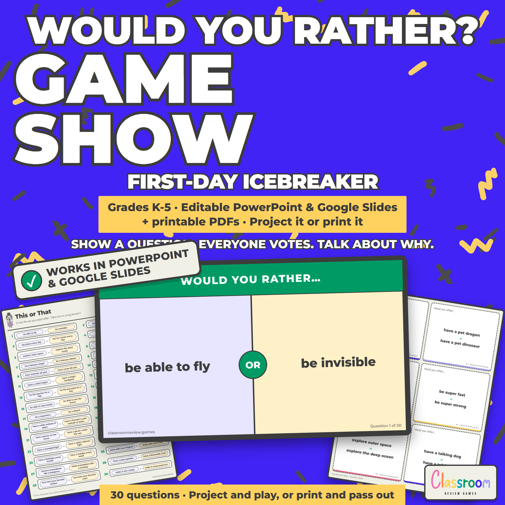 Would You Rather Game Show: Editable Back to School Icebreaker, No Prep K-5