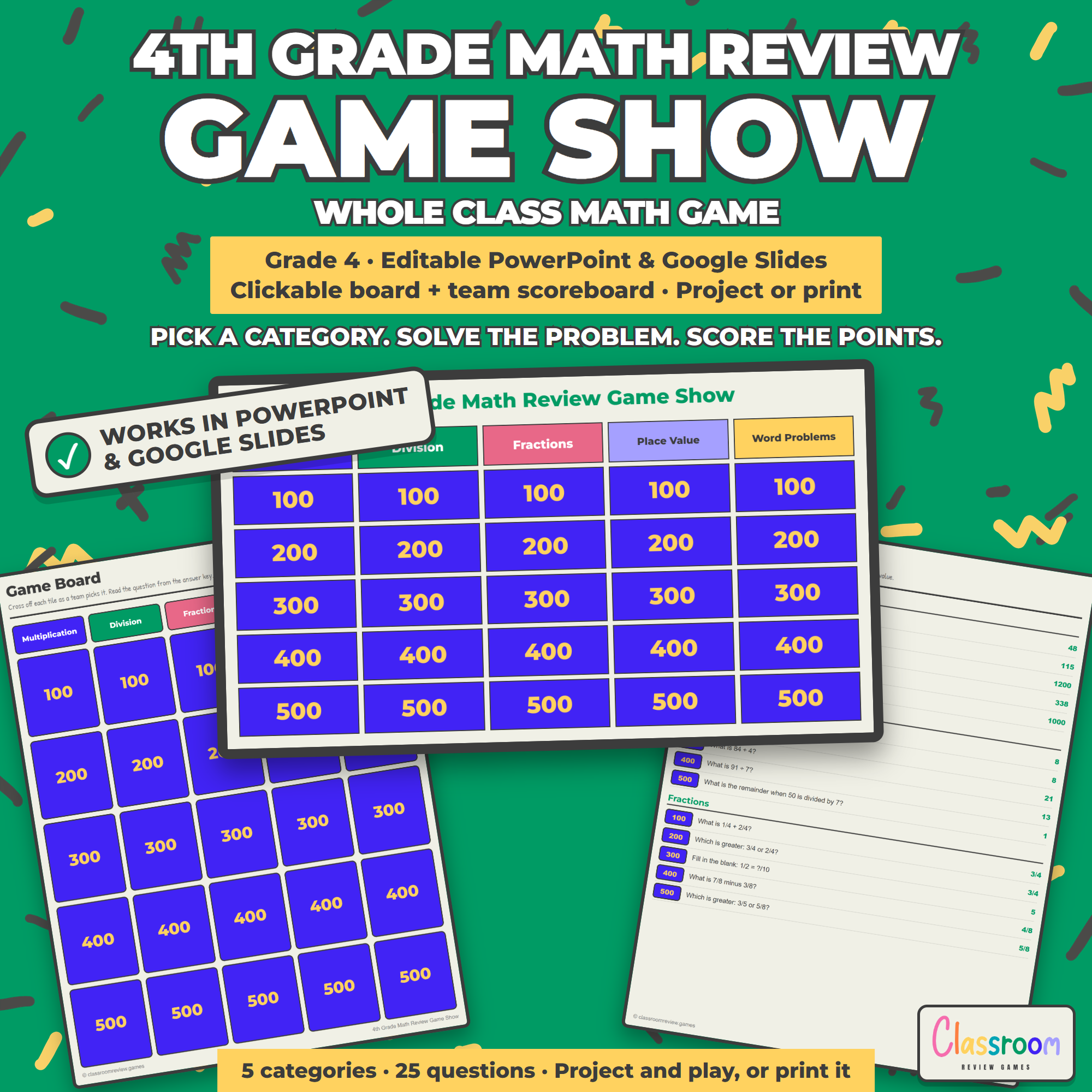 4th Grade Math Review Game Show, Whole Class Math Game, Editable PowerPoint and Google Slides